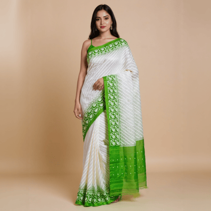 Bengal Handloom Mix Cotton Jamdani Saree | White with Green Border Bengal Handloom Mix Cotton Jamdani Saree | White with Green Border