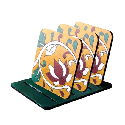 Kalamkari on Square Tea Coasters with Stand DIY Kit by Penkraft