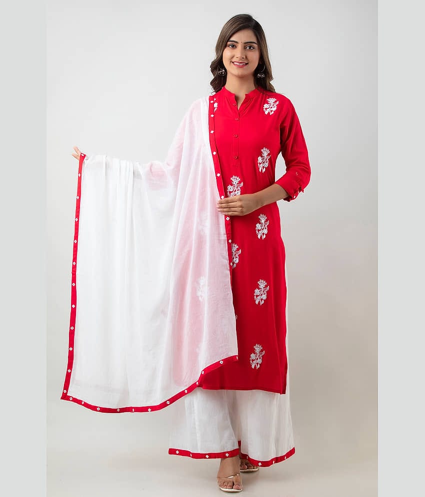 MAUKA - Red Straight Rayon Women's Stitched Salwar Suit ( Pack of 1 )