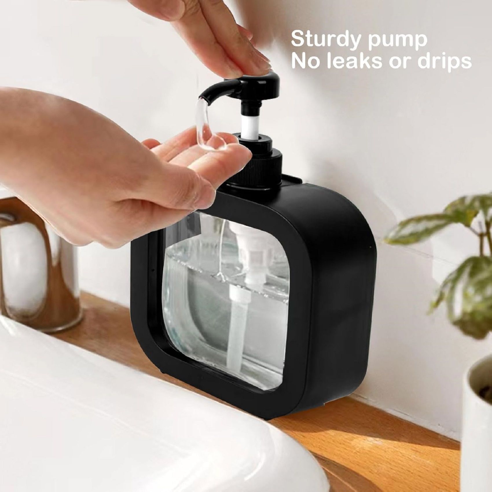 Liquid Soap Dispenser for Bathroom & Kitchen - Black - Stylish & Sleek Refillable Pump Bottle for Hand Wash, Shampoo & Lotion, Transparent Design