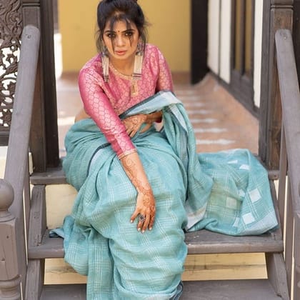 Awesome Multy Desine Sky Blue Color Pure Linen Digital Printed Sari 1307