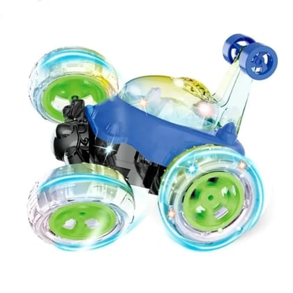 360 Rotating Stunt RC Car for Boys and Girls with Rechargeable Battery, Flashing LED Lights, Dynamic Sound Effects, 4 Rubber Tires, Blue, 17 x 14 x 16 cm