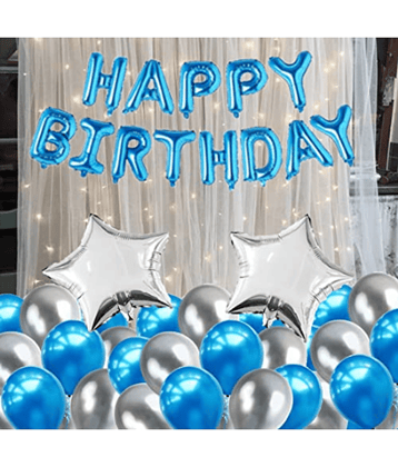 Jolly Party  silver blue Happy Birthday Decoration Combo Kit with banner balloons stars 35 pcs for Birthday Decoration
