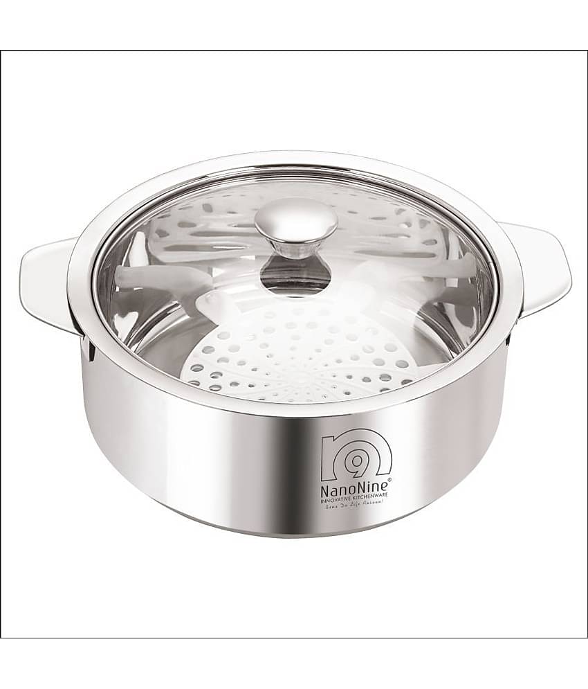 Nanonine Roti Saver Stainless Steel Chapati Pot With Glass Lid, Medium, 2550 Ml, Silver