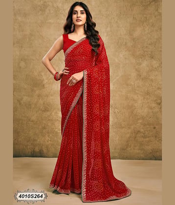 Samah Georgette Printed Bandhani Sarees With Unstitched Blouse Piece ( Red )