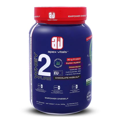 Apex Vitals Whey 2 Pure - Grass-Fed Whey Made in EU | Whey Isolate & Hydrolyzed | 30g Protein, 15g EAA, 8g BCAA | Digestive Enzymes | Muscle Build & Recovery |Chocolate Hazelnut - 900g 2 lbs, Sha
