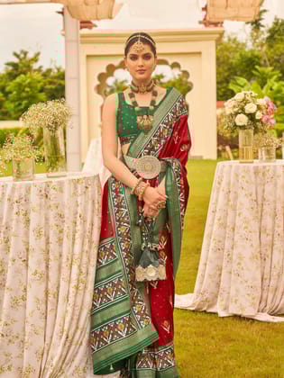 Red Printed Patola Silk Saree with contrast border and blouse