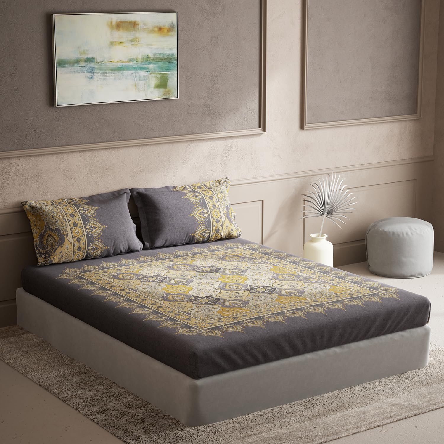 DDECOR - Souvenir Collection 100% Cotton Ethnic Pattern 136TC Super King |274 CM X 274 CM| with 2 Pillow Covers - Grey