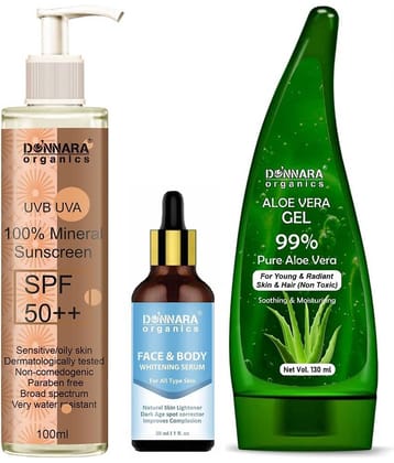 Donnara Organics 100% Mineral Suncreen Cream UVB & UVA Protection with SPF 50++ 100ml, Face and Body  Whitening Serum 30ml & Natural Aloe Vera Gel 130ml - Combo of 3 Items
