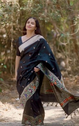 Pre-order Black Banarasi Katan Silk Saree and Zari Meenakari Floral Border | SILK MARK CERTIFIED