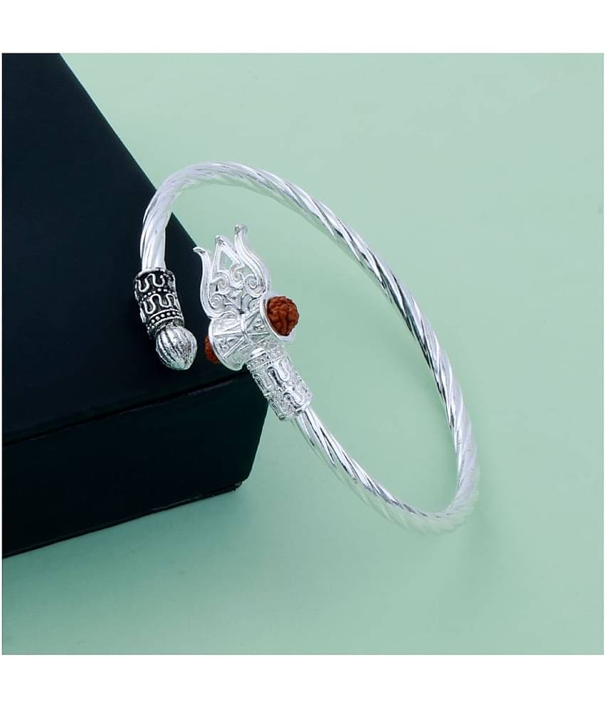 Silver Shine Rudraksha OM Trishul Damroo Designer Oxidized Silver Bahubali Kada Unisex Bracelets for Men & Women