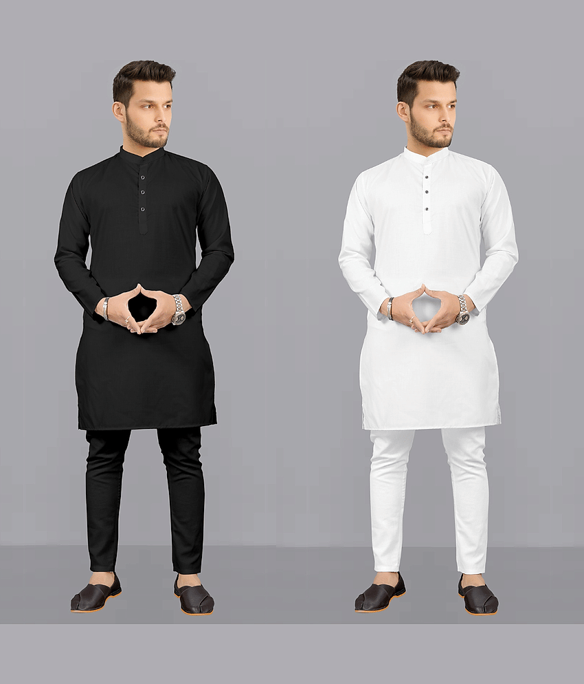 Fashionfricks Cotton Blend Solid Regular Fit Kurta Pyjama Set For Men ( Multi )