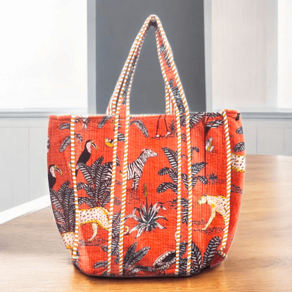 Velvet Quilted Tote Bag- Jungle Orange