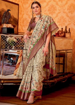 Wine Maroon Madhubani Print soft silk saree