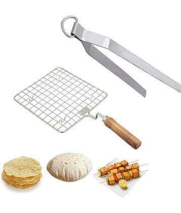 Heavy Duty Stainless Steel Roti Jali and Chimta Combo - Papad Roaster Jali Grill Mesh with Wooden Handle & Cooking Tong - Set of 2