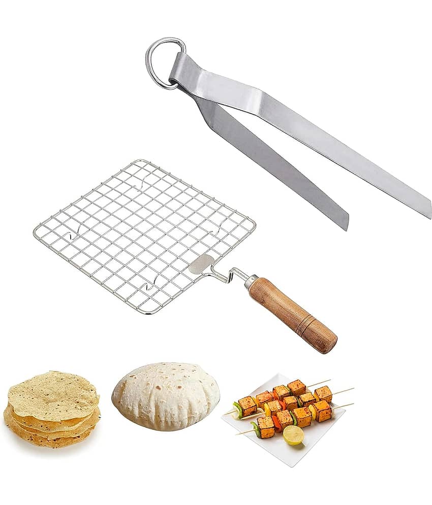 Heavy Duty Stainless Steel Roti Jali and Chimta Combo - Papad Roaster Jali Grill Mesh with Wooden Handle & Cooking Tong - Set of 2