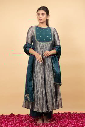Green Anarkali Pure Handwoven Tissue Silk Embroidery Zari Thread Round Set-XS-34