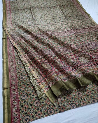 Lehrayein Chanderi Silk Fresh Green Ajrakh Printed Saree