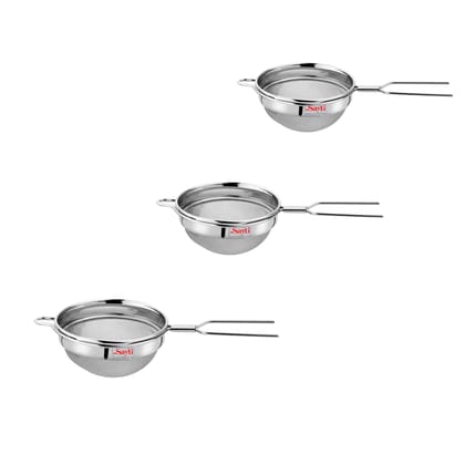 RK Sayti Stainless Steel Round Strainer, 304 Grade Single Mesh, Premium Polish, Medium,Large,XL Pack of 3