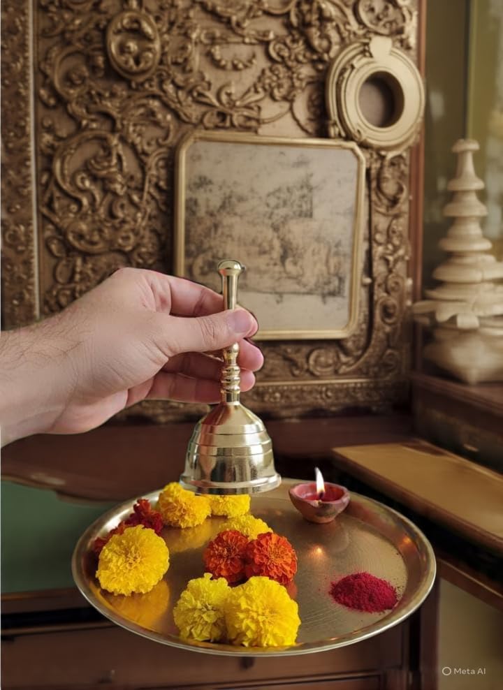 Gold Brass Pooja Bell, Traditional Ghanti For Mandir, Home & Office Temple