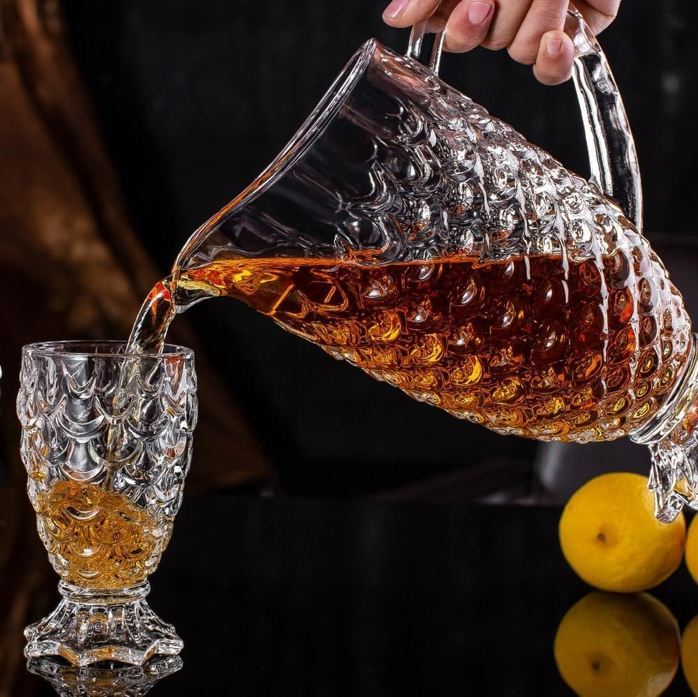 Italian Premium Glass Water Jug with Plastic Lid & Handle | 1.3 Littre |Transparent Carafe for Home, Office | Pitcher for Serve Water, Milk, Juice, Beverage, Chaas, Cocktail |