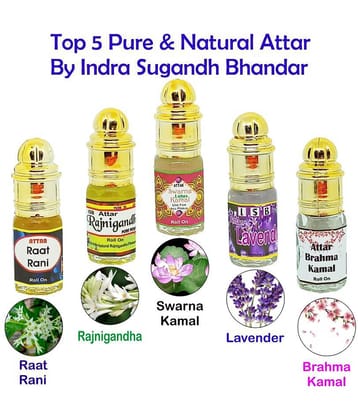 INDRA SUGANDH BHANDAR - Raat Rani, Rajnigandha, Swarna Kamal, Lavender, Brahma Kamal Attar For Men & Women 3mlEach Pack Of 5