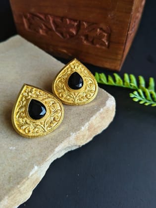 Gold Plated Leaf Design Earrings with Monalisa Stones | Sarichka-Black