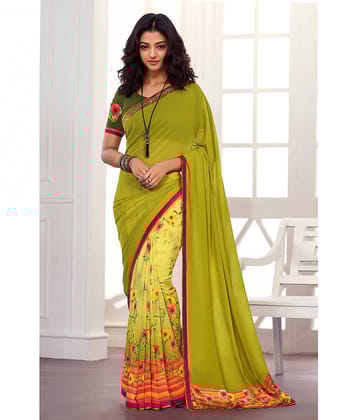 BLEESBURY Georgette Printed Saree With Unstitched Blouse Piece ( Mint Green )
