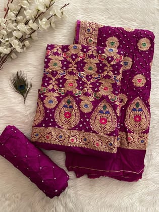 Ghazi Silk Kasab Golden Embroidery work Bandhani Dress Material (Unstitched)