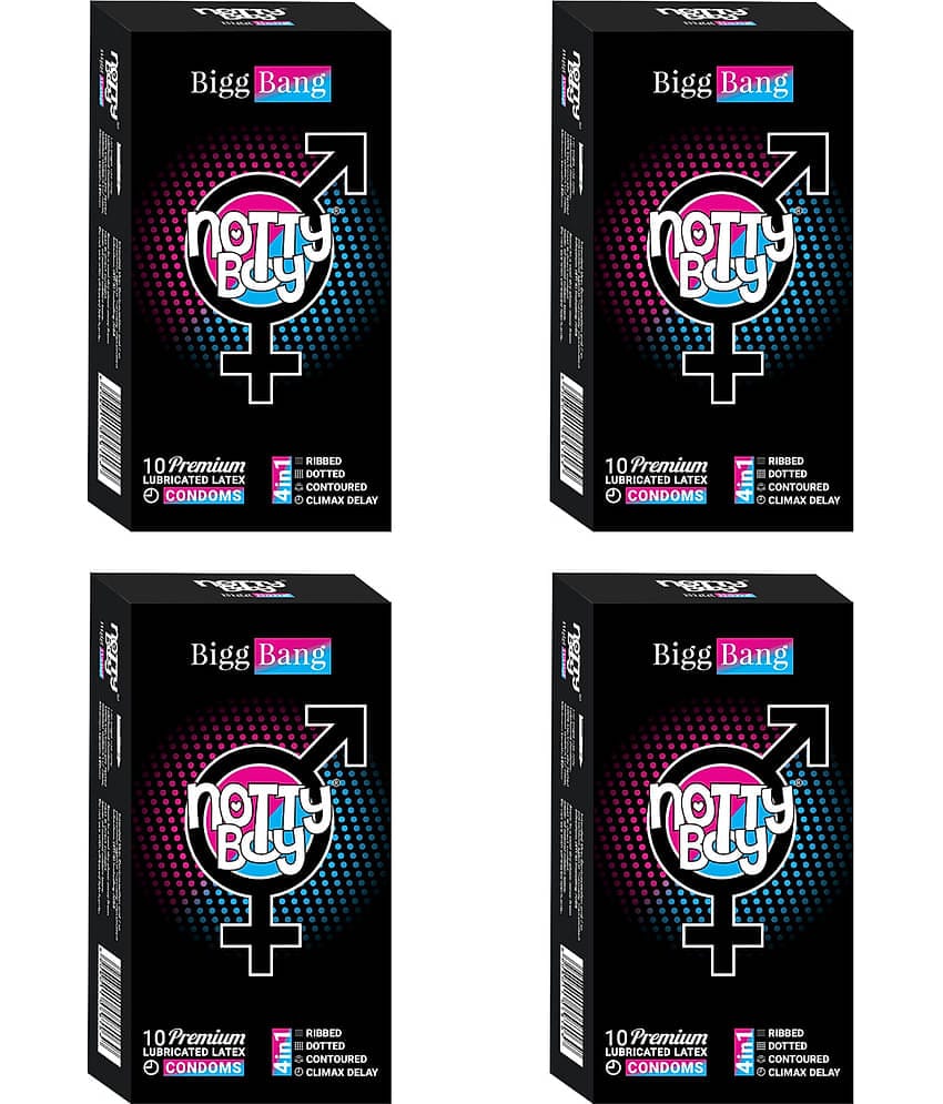 NottyBoy Bigg Bang 4IN1 Dotted Ribbed Contoured Over Time Condoms - 40 Units