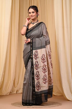 Hand block printed chanderi silk Sarees with blouse