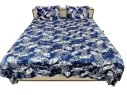 Velvet bedsheet Set with Pillow Covers, 100% Velvet, Navy Blue and White Floral Pattern, 229 cm x 254 cm