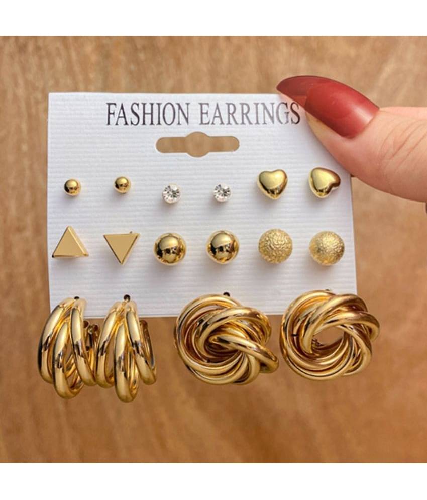 FASHION FRILL Golden Stud Earrings ( Pack of 8 )