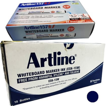 Artline 157RI Whiteboard Marker Pack of 10 with ESK15W Refillable Ink Bottle Pack of 10 (Blue Colour) | Refillable Whiteboard Marker with Ink