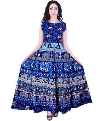 Frionkandy Women Cotton A-line Dress ( Blue )