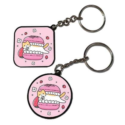 Cute Cat With Macroon  - Keychain With Black Border (Pack Of 2)