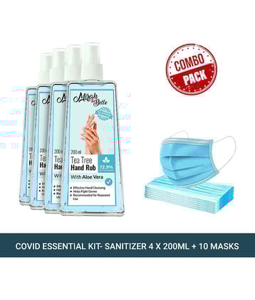 Mirah Belle Tea-Tree Aloe Vera Hand Rub Spray 200ml(Packof4) &10 Masks Sanitizers 800 mL Pack of 4