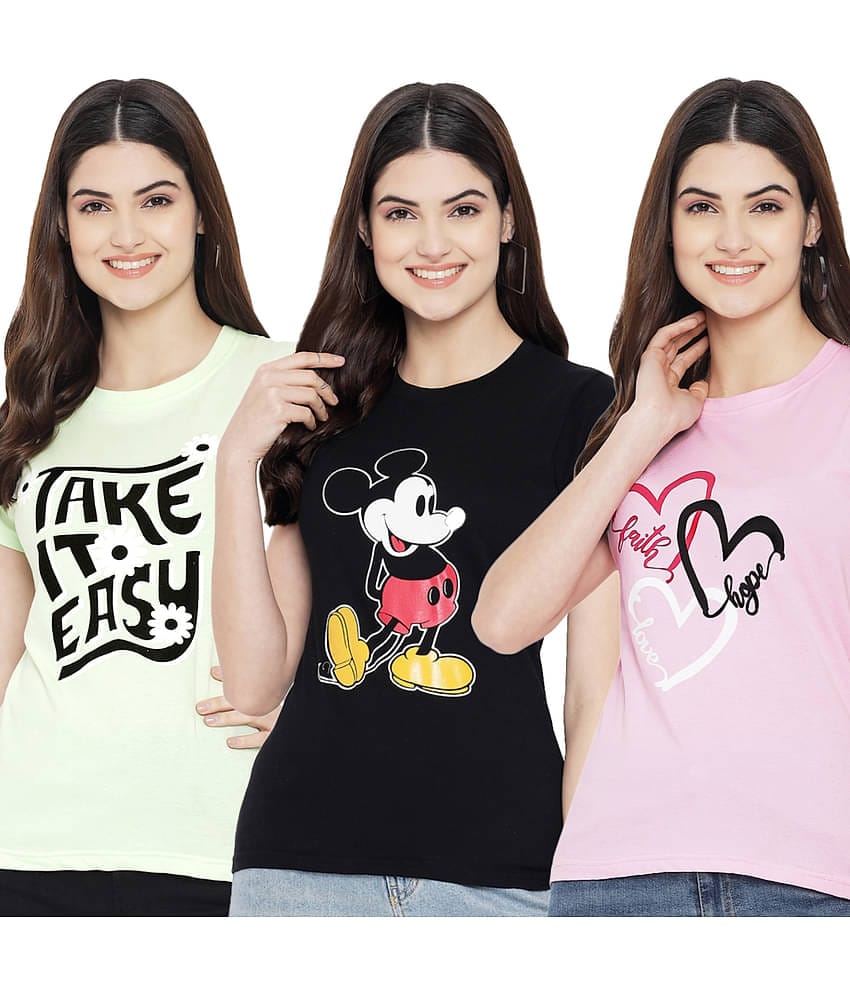 Fabflee Women Cotton Blend Printed Regular Fit Round Neck T-Shirt ( Multi Color )