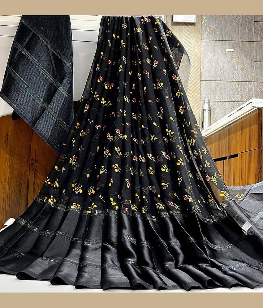 Sitanjali Lifestyle Georgette Printed Saree With Unstitched Blouse Piece ( Black )
