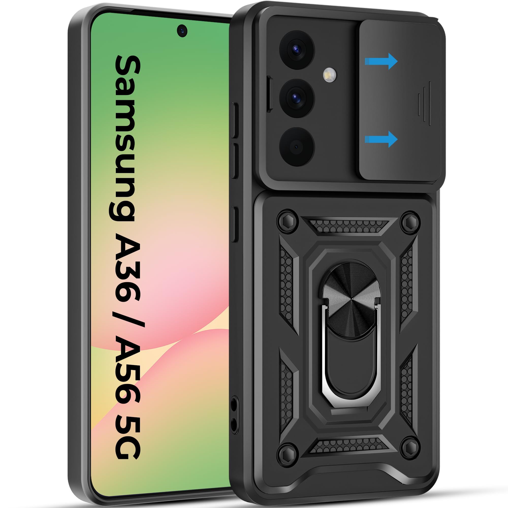 A rtistque Armor Bumper Back Case Cover for Samsung Galaxy A36 | Stylish Ring Holder & Inbuilt Stand | Sliding Camera Cover | Shockproof TPU Protective Design | Samsung A36 Back Cover - Black A rtistque Armor Bumper Back Case Cover for Samsung Galaxy A36