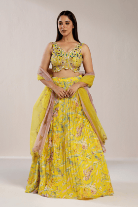FLORAL YELLOW PLEATED LEHENGA-XS