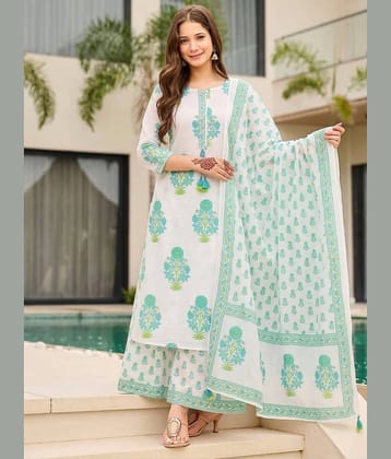 INDIAN SILKS Women Cotton Printed Straight Kurti With Palazzo ( White )