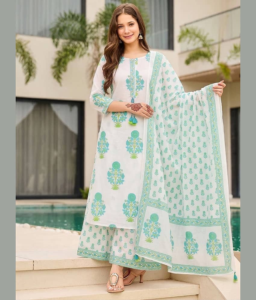 INDIAN SILKS Women Cotton Printed Straight Kurti With Palazzo ( White )