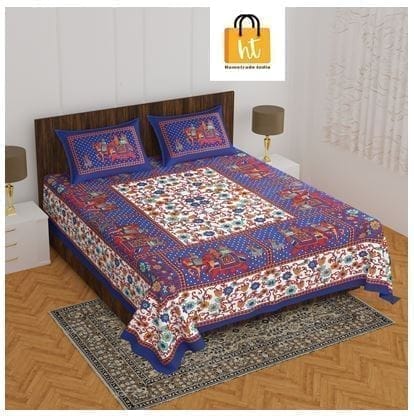 3001-Hometrade India-Standard King Size (90*108 Inches)-Pure Cotton Jaipuri Double Bedsheet With Matching Pillow Cover