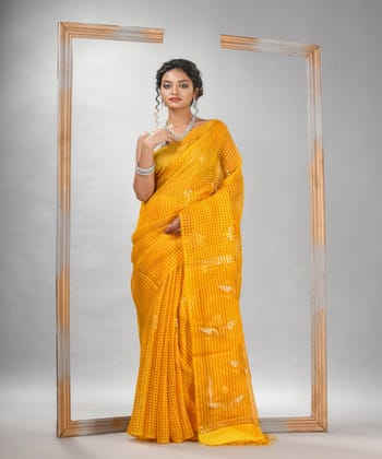 Yellow matka silk sequin handloom jamdani bengal saree