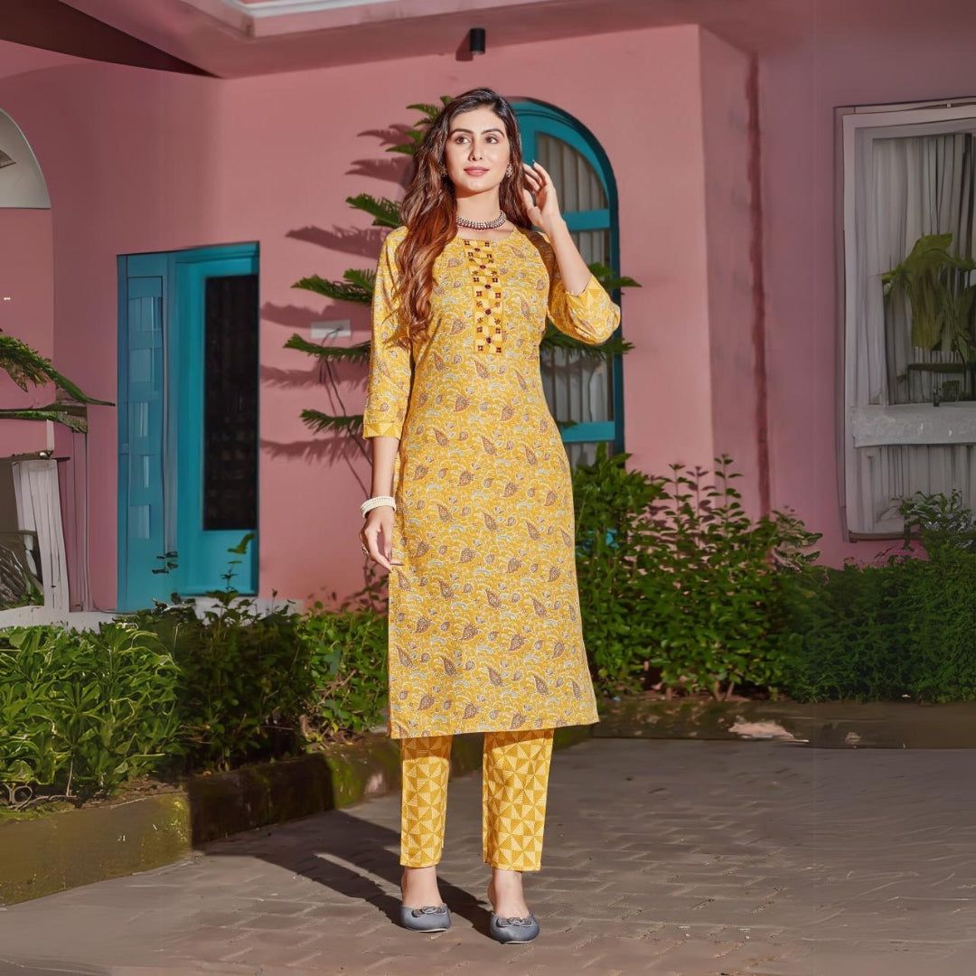 Fancy and Trendy Musterd Color Fully Stiched Kurta & Palazzo Pant by GlamaStitch-S