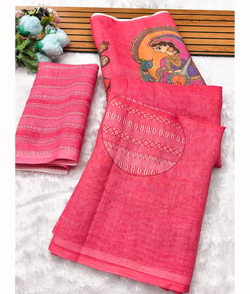 ANAND SAREES Cotton Printed Kasavu Saree With Unstitched Blouse Piece ( Pink )
