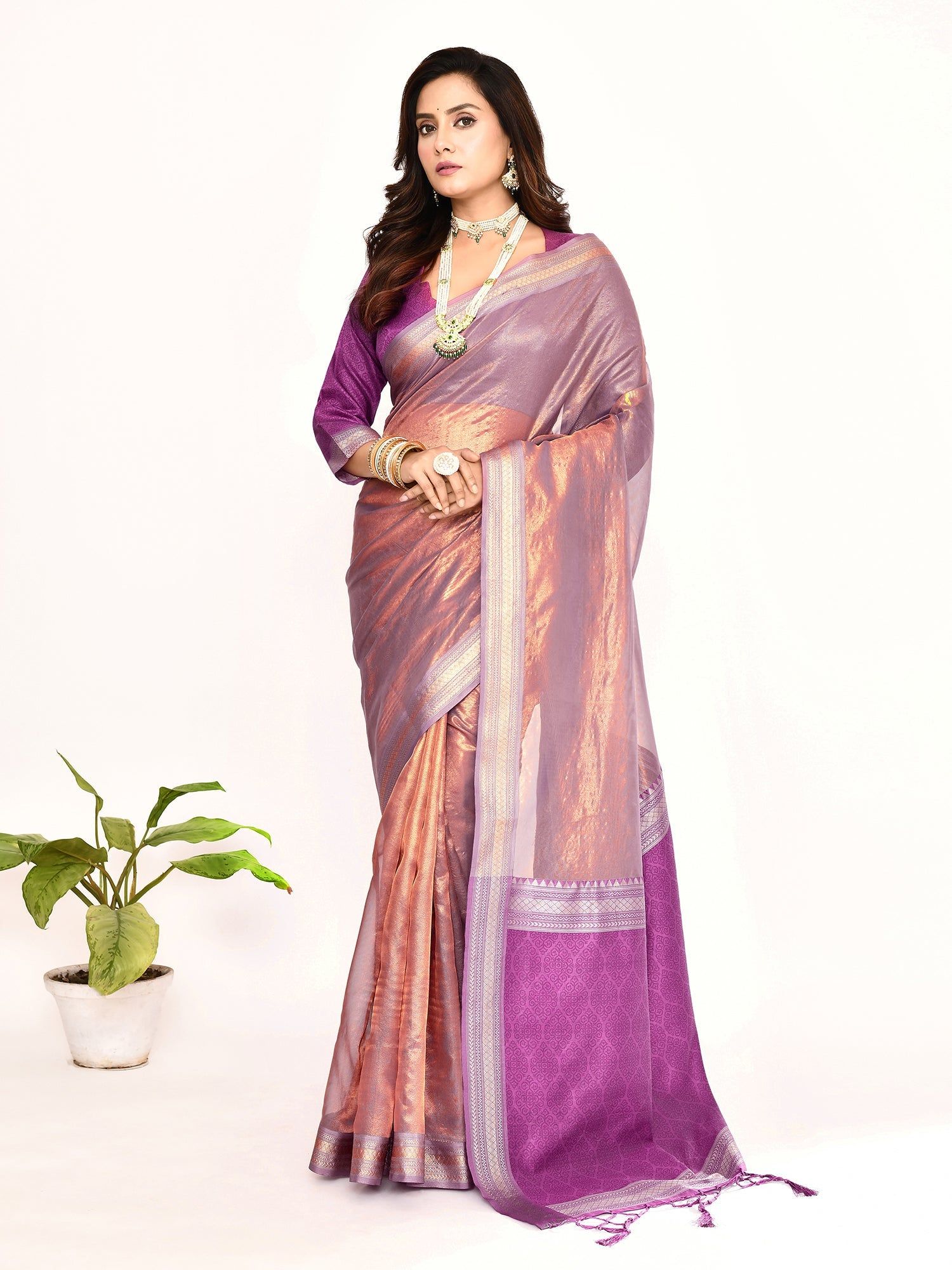 Magenta Plain Banarasi Tissue Silk Weaving Saree