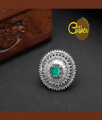 Gilher fashion Silver Plated American Diamond Green  Stone Cocktail Ring With Adjustable Size For Women And Girls.