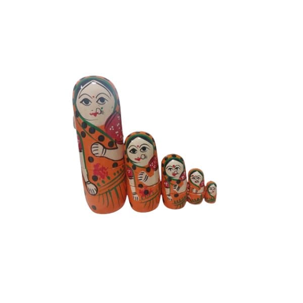 Wooden Handmade and Hand Painted Wooden Women Nesting Dolls (Set of 5) Orange